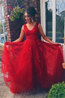 Red Jewel Lace Appliques Sleeveless Prom Dresses | Tulle Evening Dresses with Beads