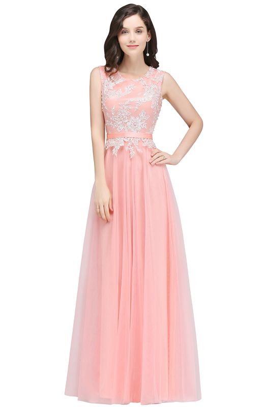 Long A-line Jewel Neck  Tulle Pink Prom Dresses with Sash
