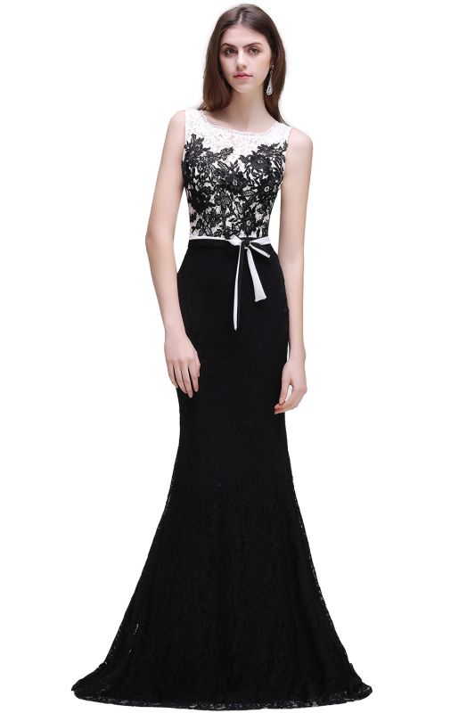 Lace Mermaid Scoop Neckline  Black and White Elegant Prom Dresses with Bowknot Sash