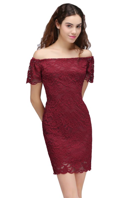 Sheath Off-the-Shoulder Short Lace Burgundy Homecoming Dresses