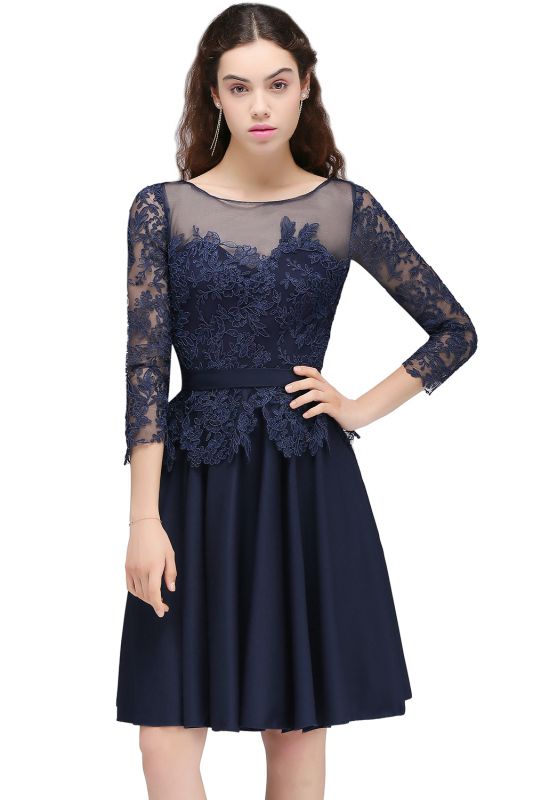 A-line Sheer Neck Short Dark Navy Homecoming Dresses with Lace Appliques