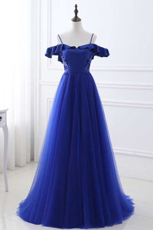 Blue Floor-length Off-the-shoulder Ball Gown Tulle Prom Dress