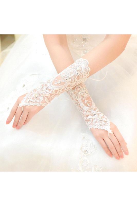 Lace Fingerless Elbow Length Wedding Gloves with Appliques