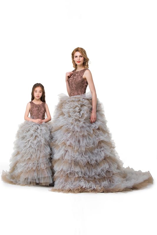 Ball Gown Sleeveless Court Train Embroidery Tulle Mother Daughter Dresses