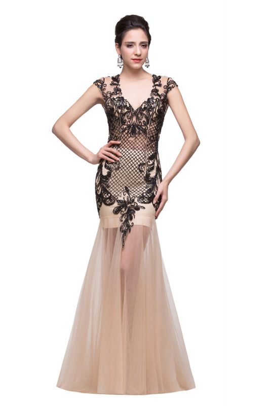 Champagne V-Neck Mermaid Floor-length Prom Dresses