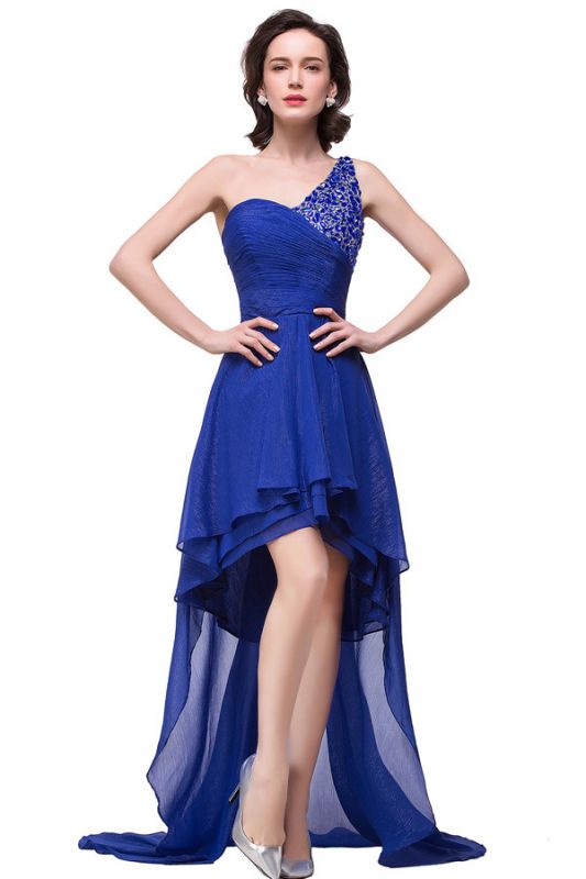 V-Neck Hi-lo A-line One-shoulder Ruffle Blue Chiffon Prom Dresses