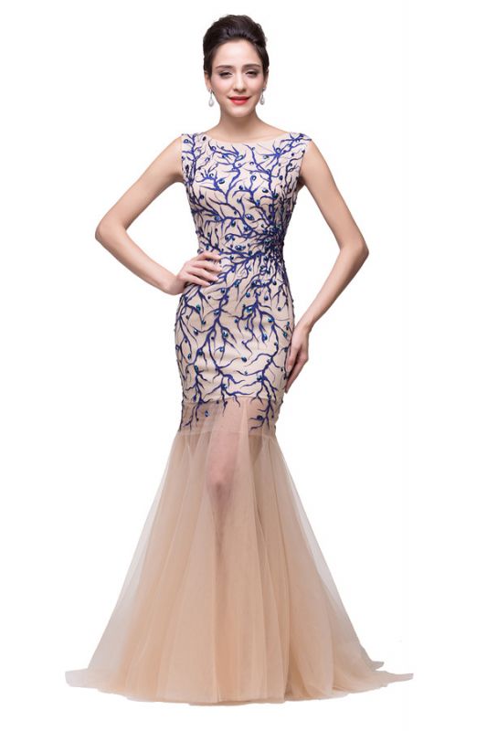 Champagne Crew Sweep-length Mermaid Tulle Prom Dresses