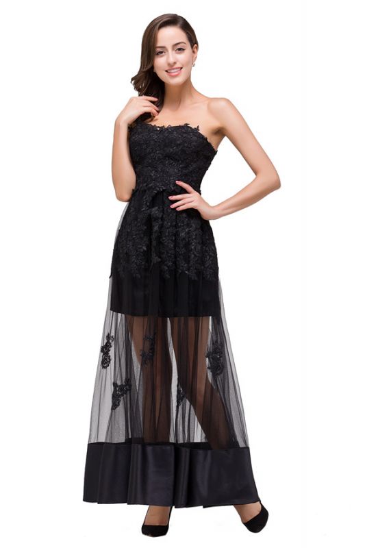 Strapless Knee-length A-line Lace-Up Black Appliques Prom Dresses