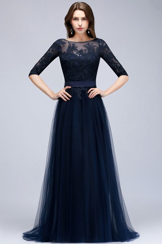 Elegant A-Line Half-Sleeves Lace Appliques Dark Navy Bridesmaid Dresses