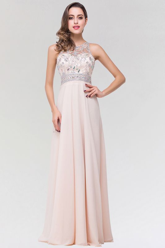 Stylish A-Line Chiffon Tulle Scoop Sleeveless Floor-Length Bridesmaid Dress with Beadings