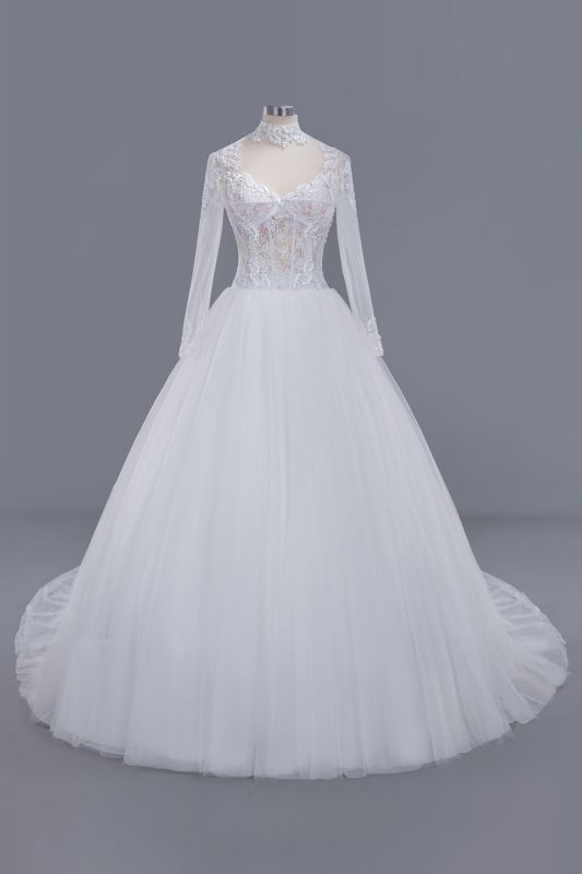 Elegant Tulle Lace Ball Gown High Neck Long Sleeves Floor Length Wedding Dress