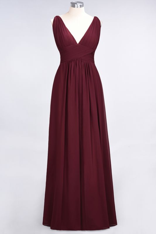 Ruffle Chiffon Sleeveless Evening Maxi Gown V-Neck Bridesmaid Dress