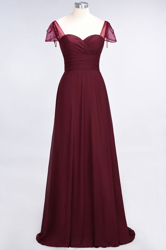 Sweetheart Cap-Sleeves Ruffle Floor-Length Bridesmaid Dress with Beadings Moher if the Bride Dresses