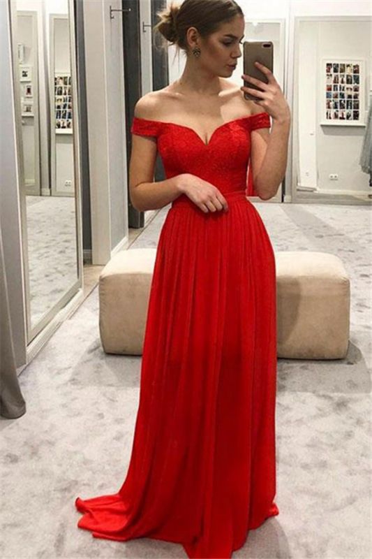Red Off-the-Shoulder Lace Prom Dresses | Sleeveless Evening Dresses