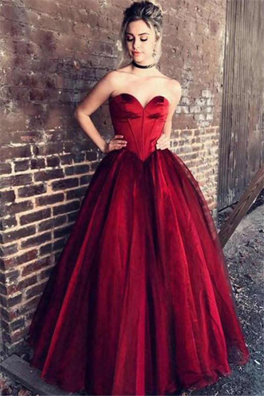 Red Sweetheart Ruffles Prom Dresses | Sleeveless Tulle Evening Dresses