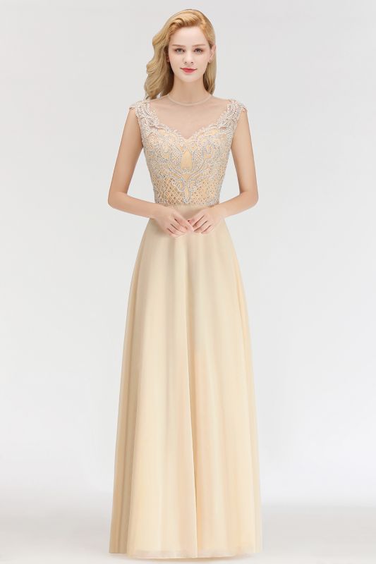 Champagne Sleeveless A-Line Crystal Jewel Bridesmaid Dresses Floor Length Party Dress