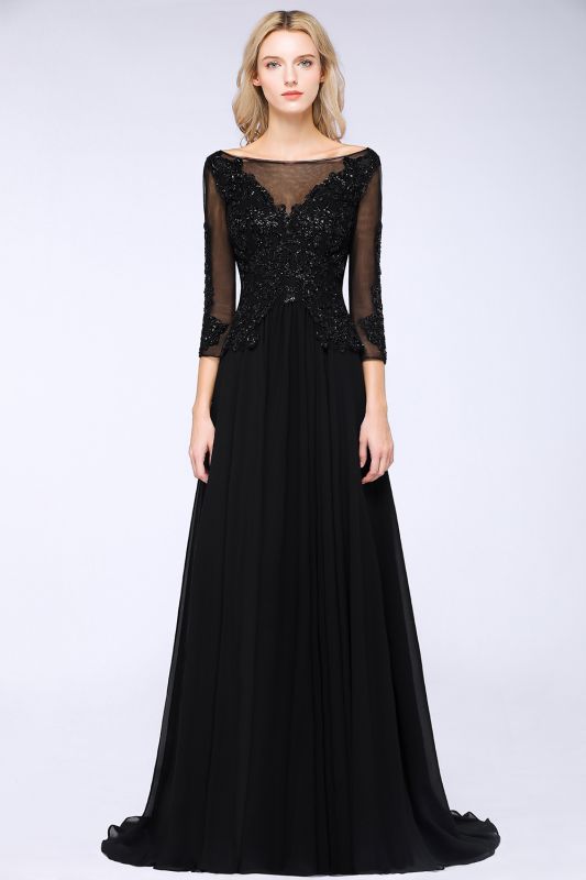 Black 3/4 Sleeves Beads A-Line Appliques Bridesmaid Dresses Tulle Party Dress
