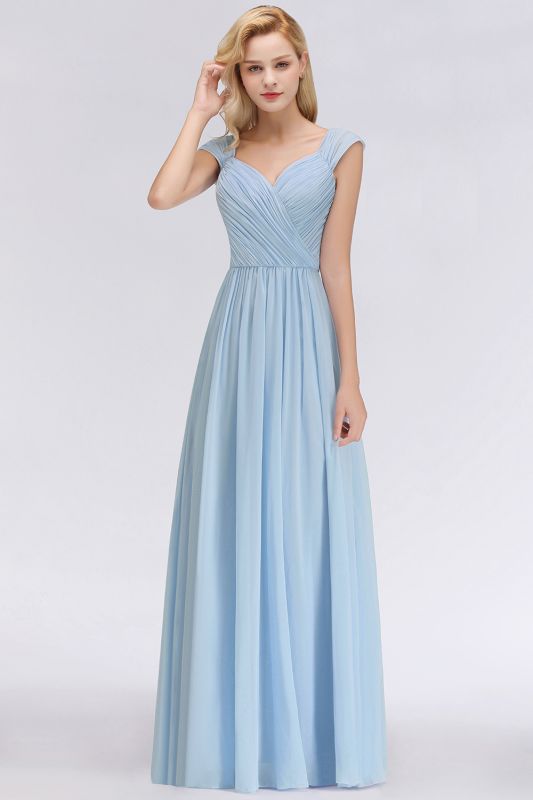 V-Neck Chiffon aline Bridesmaid Dress Sky Blue Floor Length Evening Swing Dress