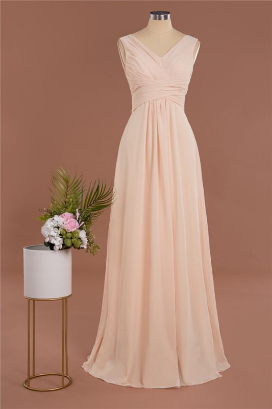 Elegant V-Neck Ruffles Simple Formal Dresses | A-Line Sleeveless Chiffon Evening Dresses