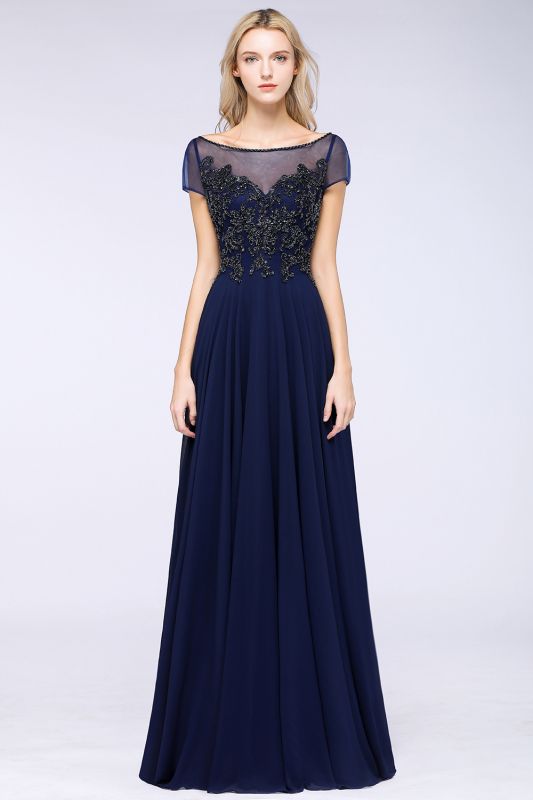 Elegant A-Line Short Sleeve Appliques Beads Bridesmaid Dresses Floor-Length Evening Dress