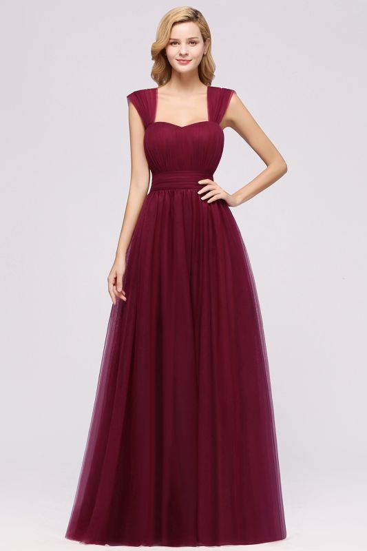 Elegant aline Sleeveless Tulle Evening Maxi Gown Burgundy Straps Bridesmaid Dress