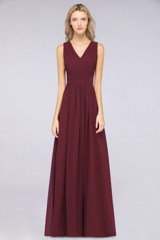 Ruffle A-Line Floor-Length Bridesmaid Dress Chiffon Lace V-Neck Evening Dress