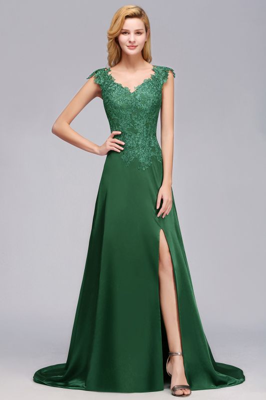Cap Sleeve aline appliques Bridesmaid Dress Green Side Split Wedding Party Dress with Sweep Train