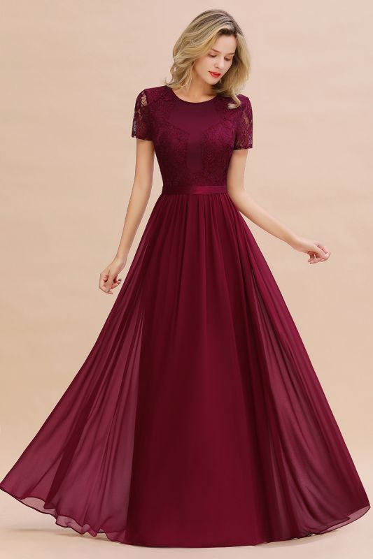 Elegant Chiffon Lace Jewel Short Sleeves Floor-Length A-Line Bridesmaid Dress