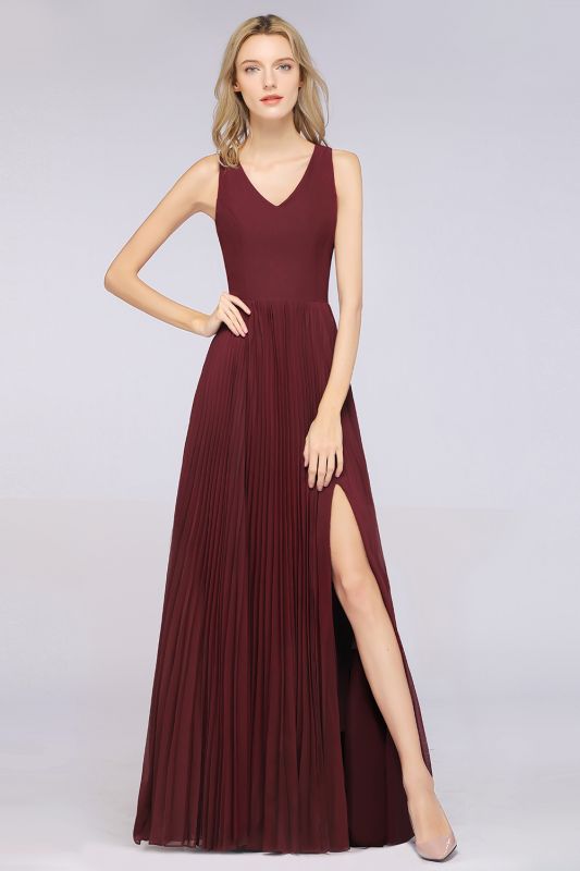 A-Line Chiffon V-Neck Sleeveless Bridesmaid Dress Floor-Length Ruffles Side Split Evening Gown