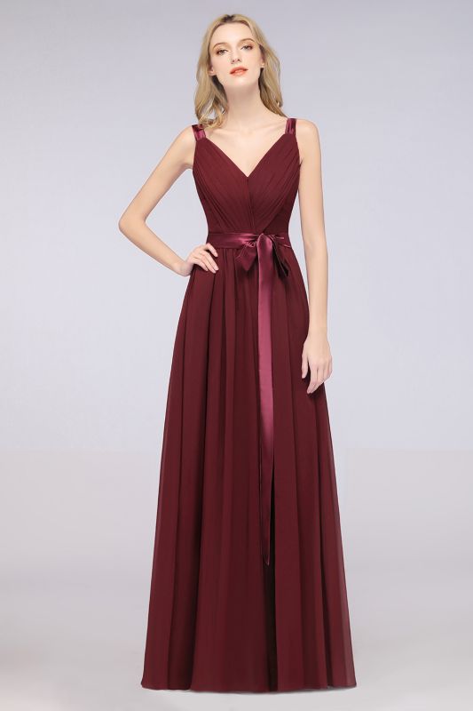 Elegant V-Neck Strap Backless Ruffles Chiffon Floor-Length Bridesmaid Dress