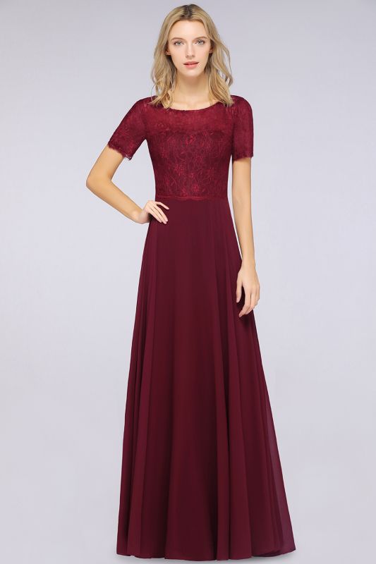 A-Line Short-Sleeves Floor-Length Bridesmaid Dress Chiffon Lace Round-Neck Evening Dress