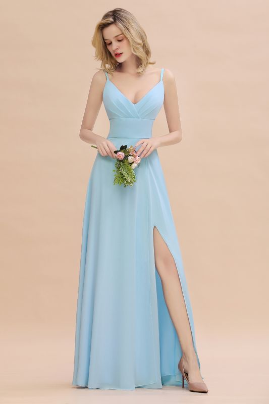 Elegant Front Split Bridesmaid Dress Garden Spaghetti Straps V-neck Floor Length Dress