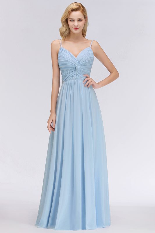 Spaghetti Straps Ruggle Chiffon Bridesmaid Dress Sky Blue A-line Wedding Party Dress