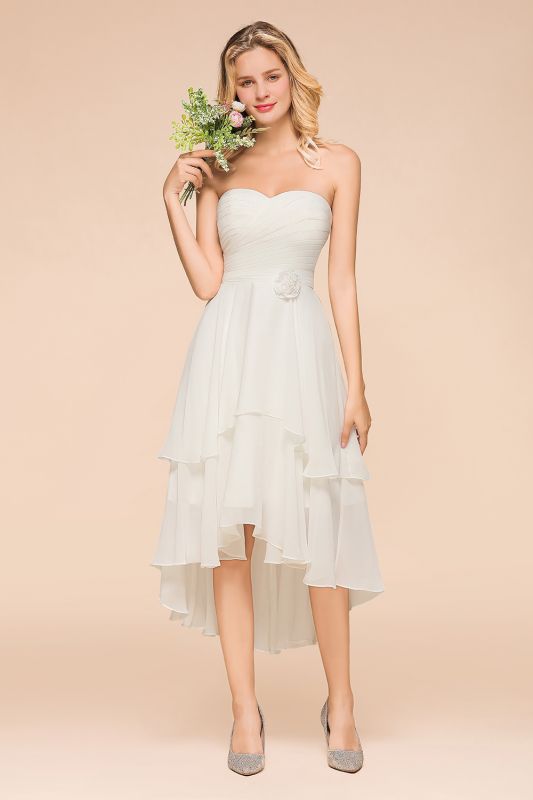 Romantic White/Ivory Sweetheart Hi-Lo Bridesmaid Dress Sleeveless Beach Wedding Guest Dress