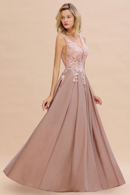 A-Line V-neck Floor-Length Tulle Sequined Prom Dresses