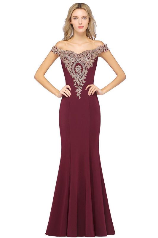 Off the Shoulder Gold Appliques Mermaid Evening Gowns Slim Prom Dress