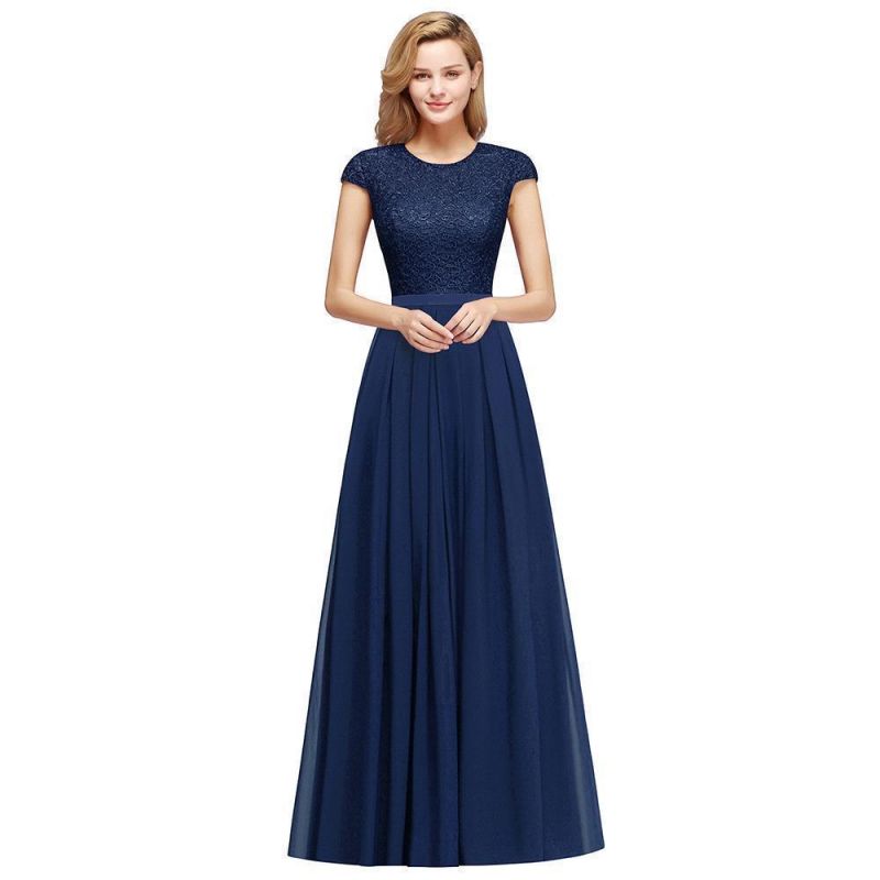 Elegant Cap Sleeves ALine Evening Swing Dress Navy Blue Long Party Dress