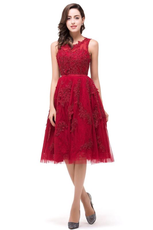 Lace A-Line Knee-Length Red  Tull Prom Dresses with sequins