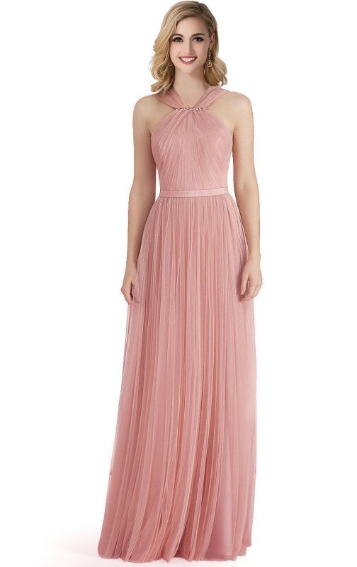 Sheath Floor-length Pink Tulle Bridesmaid Dresses with Ribbon Sash