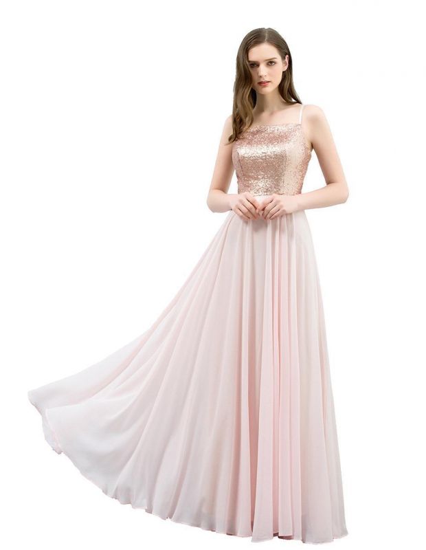 Spaghetti Sequined Top A-line Floor Length Chiffon Prom Dresses