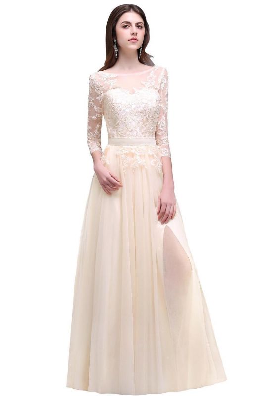 Champagne Scoop A-line Lace Appliques Prom Dress