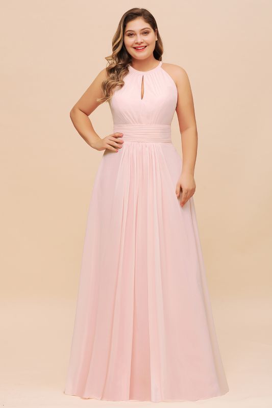 Halter Pink Bridesmaid Dress Plus Size Chiffon Wedding party Dress for Girls