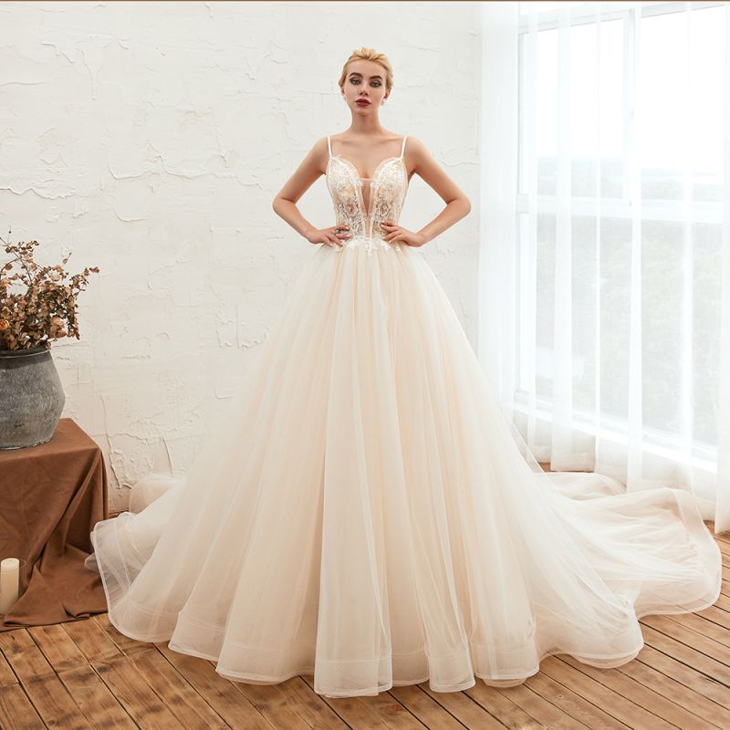 Boho Spaghetti Straps Ivory Ball Gown Tulle Aline Wedding Dress