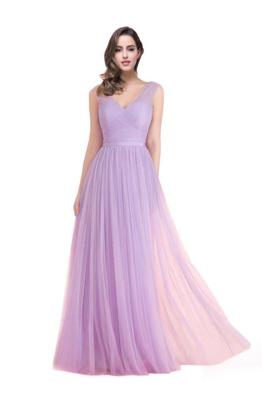 A-line Sleeveless V-neck Floor-length Tulle Bridesmaid Dresses