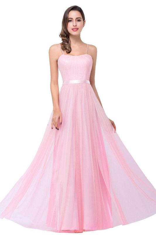 Una línea de novia de palabra de longitud rosa tul volantes vestidos de dama de honor