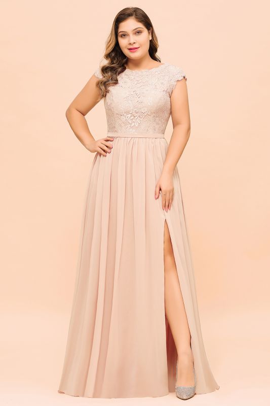 Plus Size Lace Pearl Pink Bridesmaid Dress Short Sleeves Side Split Wedding Party Dress