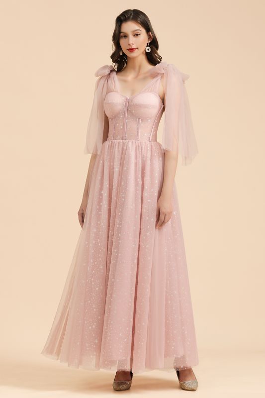 Vestido de dama de honor Aline con volantes y cuello en V, vestido de fiesta de boda rosa polvoriento