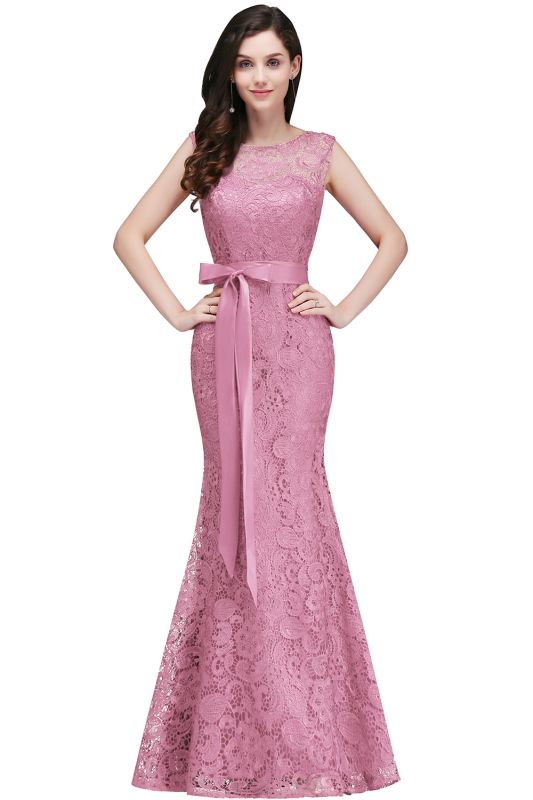 Lace Mermaid Sleeveless Floor-length  Prom Dresses with Ribbon Sash