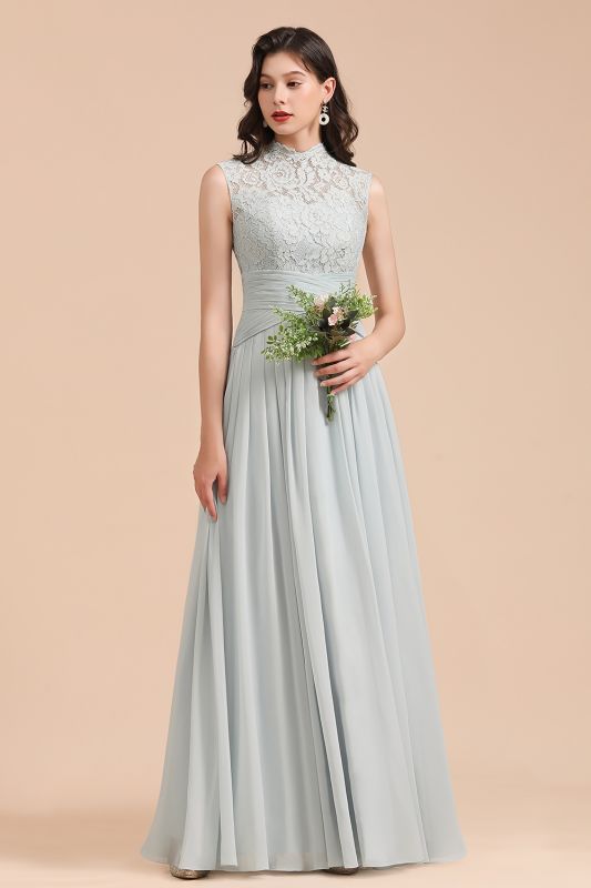 Halter Grey Lace Chiffon Bridesmaid Dress Floor Length Wedding Party Dress