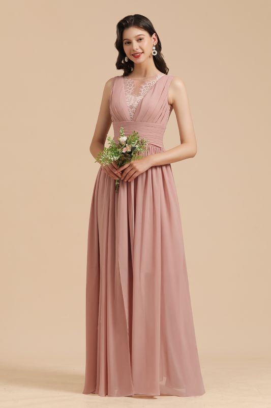 Elegant Dusty Pink Sleeveless Floral Lace Bridesmaid Dress Side Split Party Dress